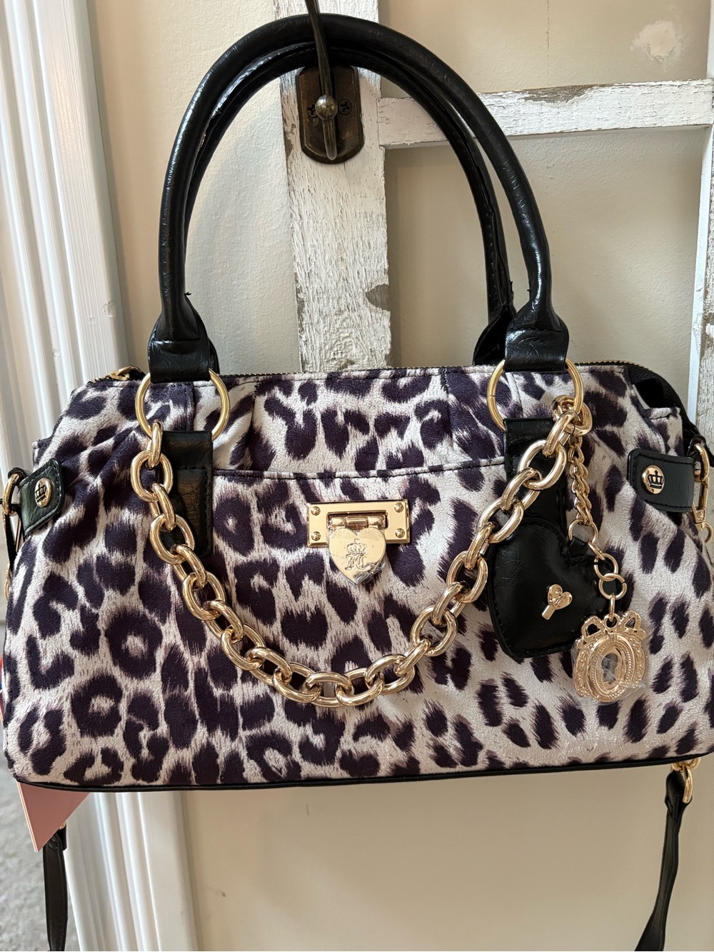 Juicy Couture Black & White Leopard Satchel with Gold Chain